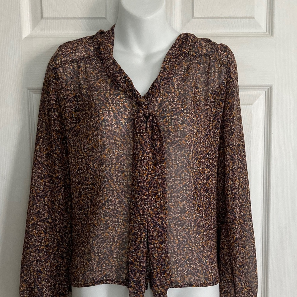 Women’s H&M Sheer Brown Printed Tie-Neck Blouse US 8